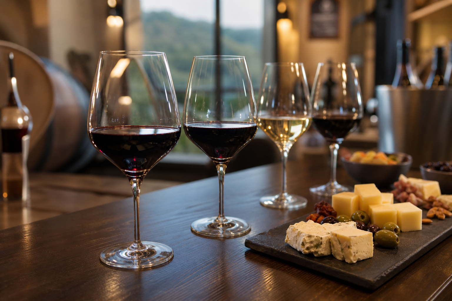 Wine tasting with cheese and olives